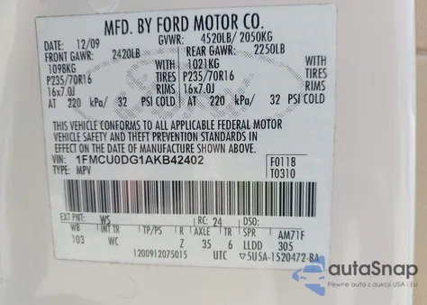 2010 Ford Escape Xlt from USA, damaged, VIN 1FMCU0DG1AKB42402